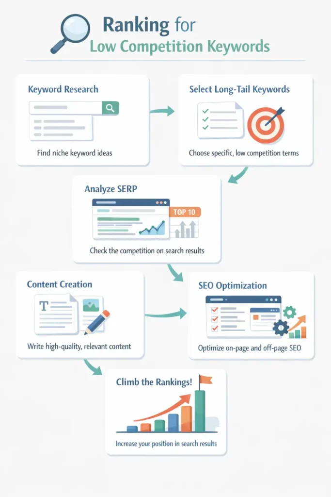 low competition keywords, rank keywords fast, SEO strategy, long tail keywords, keyword difficulty, SEO tips, keyword ranking guide, beginner SEO, website traffic, search engine ranking