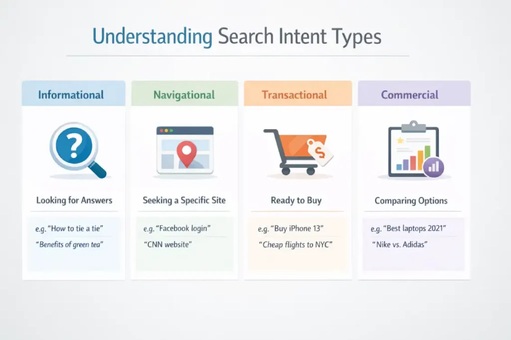 search intent, user intent SEO, types of search intent, informational intent, transactional keywords, SEO strategy, keyword intent, SERP analysis, SEO content optimization, search intent guide