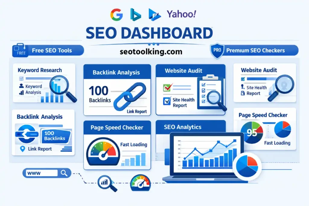 free SEO tools, premium SEO checker, website SEO tools, SEO audit tools, keyword research tools, technical SEO tools, backlink checker, SEO optimization tools, free website analysis, seotoolking.com