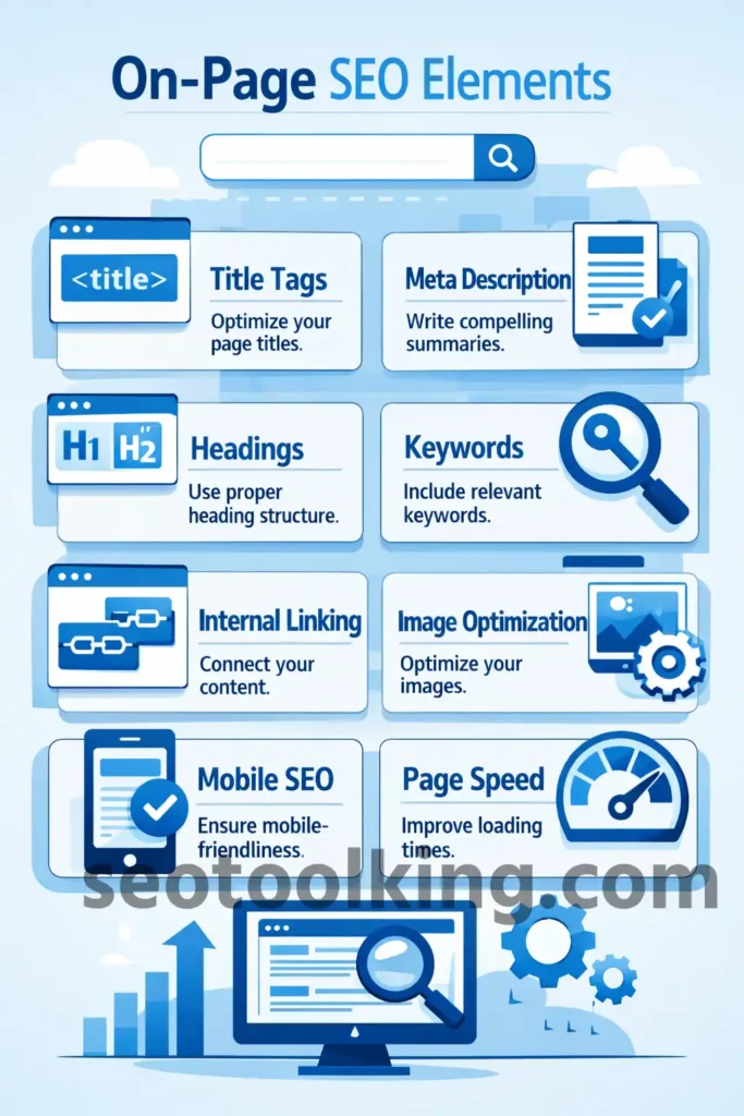 on-page SEO, on-page SEO guide, SEO optimization, title tags, meta descriptions, keyword optimization, internal linking, SEO basics, beginner SEO, website optimization